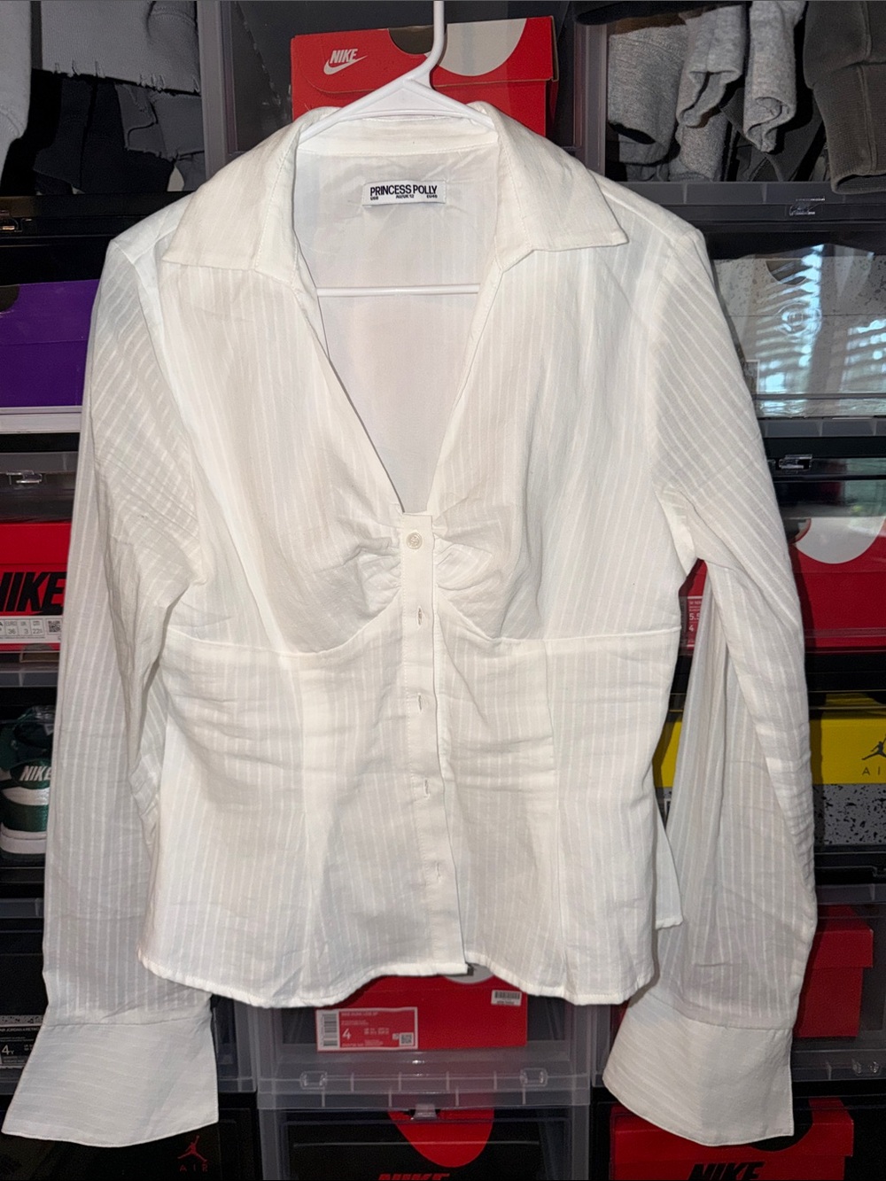 Princess Polly White Pinstripe Button-Front Long Sleeve Shirt